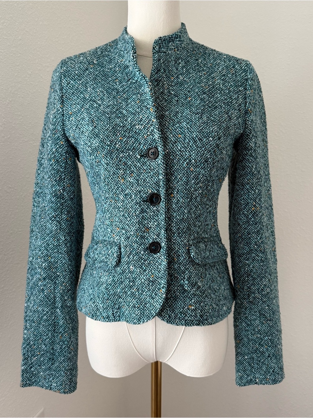 Tweed Wool Blend Blue Women’s Cropped Blazer Stand Collar Lined Career Wear XS